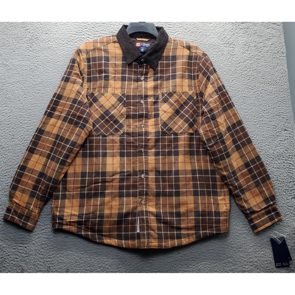 Chaps Flannel Shirt Jacket Men XL Multicolor Plaid Quilted Lined Corduroy Collar